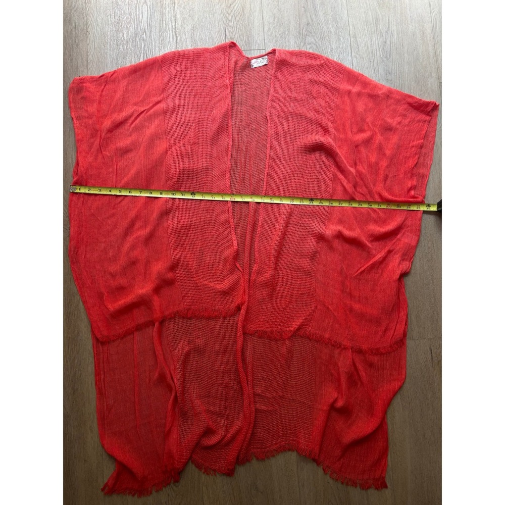 Free People x All Tous Coral Orange Mesh Knit Frayed Kimono Wrap One Size - Picture 8 of 9